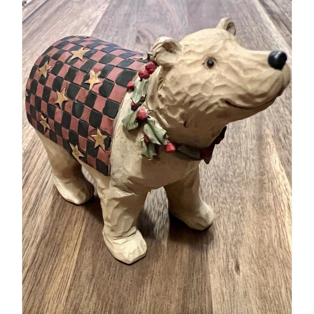 Teresa Kogut Folk Art Checkered Blanket Holy Necklace Christmas Bear Figurine
